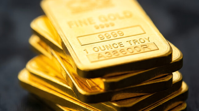 Close up stack of gold bars fine gold investment. Banner template concept of wealth, financial security, and luxury. Precious metal for banking.