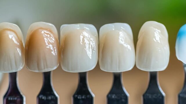 Side view medium shot of shade tabs aligned with porcelain teeth models under cooler daylight light within a calibrated light booth for accurate dental restoration.