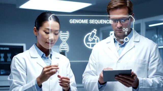 Scientists in lab coats examining a test tube and digital tablet in a modern laboratory setting