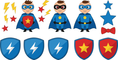 Cute superhero boy character set with shields, stars, lightning bolts and costume elements cartoon vector illustration © Sumon Creative