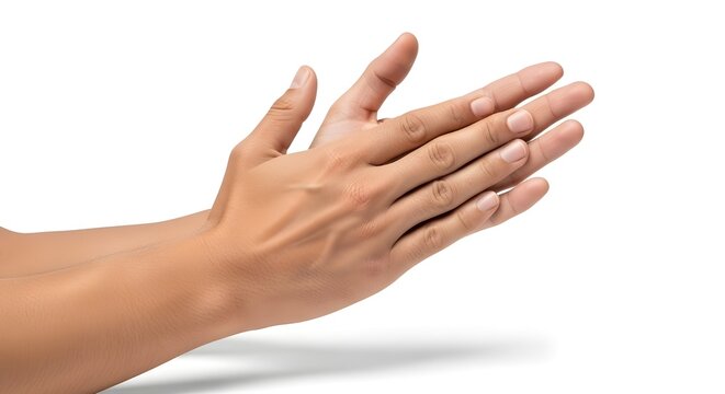 Close up of two hands clapping in applause on clean white background, concept of appreciation, congratulations, support and encouragement for success, events and motivational designs.

