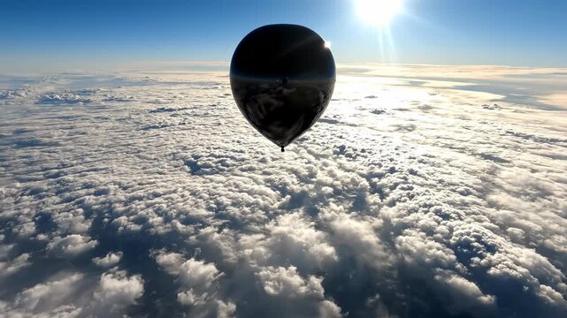 Sweeping drone view tracking a shiny black helium balloon floating high above a massive expanse of textured white and slate gray stratocumulus clouds background, stratocumulus, clouds
