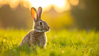 Obraz premium Brown rabbit with large ears sitting in lush green grass at sunrise