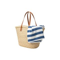 Straw beach bag with blue striped towel