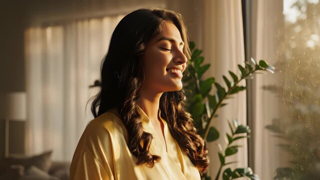 Serene woman stands by window, enjoying morning sunlight. She takes deep breaths, feeling grateful and peaceful in her home.