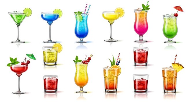 Vibrant collection of refreshing alcoholic and non-alcoholic cocktails, mocktails, and mixed drinks in various glasses, perfect for summer parties, bars, and celebrations