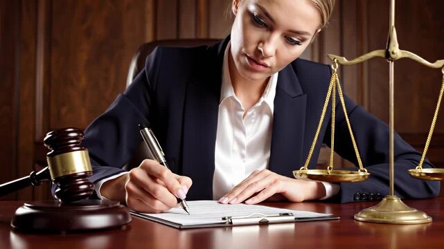 Female lawyer in black suit writing legal documents with pen at desk with gavel and scales of justice. For law firm marketing, legal services, attorney recruitment & professional justice visuals.