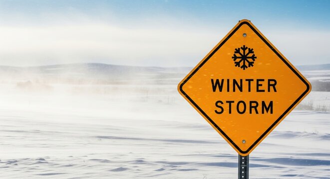 Yellow "winter storm" road warning sign in snowy landscape, symbolizing hazardous weather conditions, traffic safety, extreme cold, winter travel risks and transportation caution