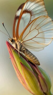 Close-up macro shot of a delicate glasswing butterfly resting on a vibrant green plant bud
