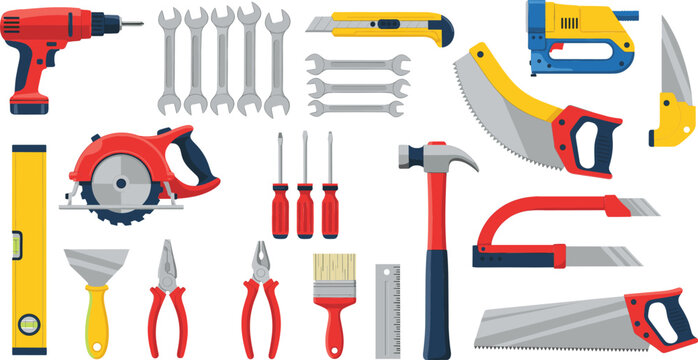 Handyman tools vector set with drill, saws, hammer, wrenches, pliers and construction equipment illustration