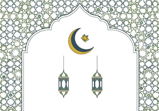 Vector flat design illustration of a crescent moon and star above two hanging lanterns, set within an ornate archway with intricate green and white patterns.