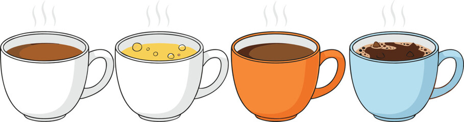 Hot coffee and tea cup set vector illustration with steaming mugs in different colors isolated design
