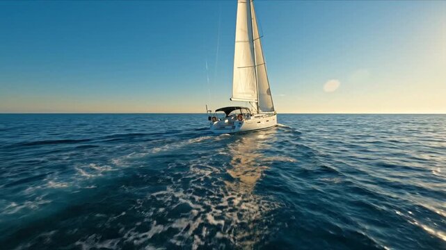 Sleek white sailing yacht glides over blue sea beneath a bright clear sky, leaving wake across blues