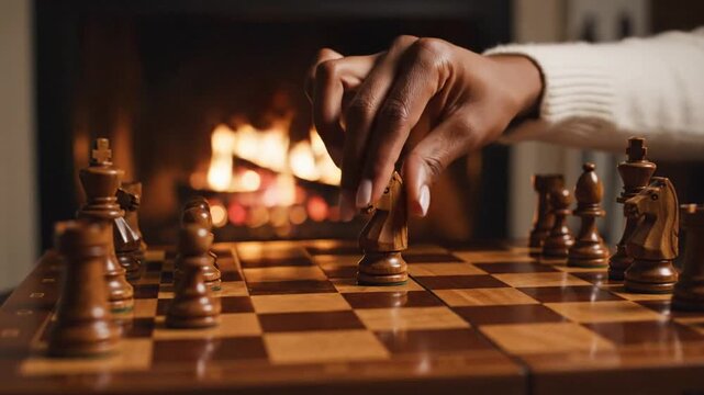 Hand moves a chess piece on a wooden board beside a glowing fireplace, warm indoor ambiance tonight