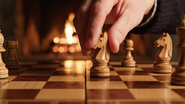 Close-up of a hand moving a knight on a chessboard as a warm fireplace glows softly in background..
