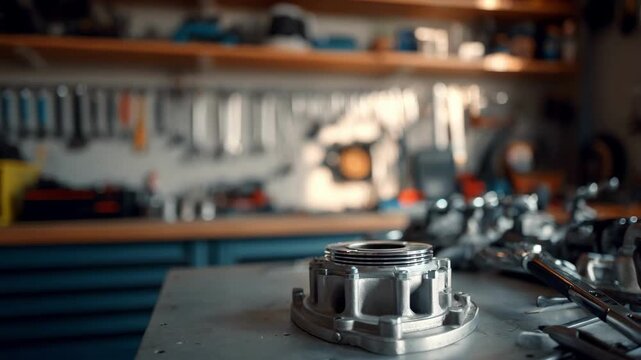 Medium shot of an automotive workshop with a focused engine on a workbench blurred tools and diagnostic equipment in the background.