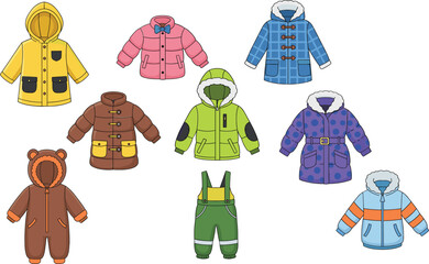 Kids winter clothing vector set with warm jackets, coats, overalls and snowsuit outfits in colorful cartoon style