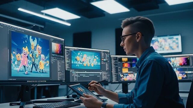 Animator Working on Computer with Multiple Monitors.