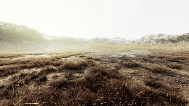 Golden light bathes the vast landscape, revealing distant misty mountains and sprawling grasslands. A serene yet haunting beauty fills the air as day breaks softly over the horizon.