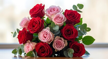 Obraz premium Elegant red and pink roses bouquet in vase with green leaves on wooden table soft light