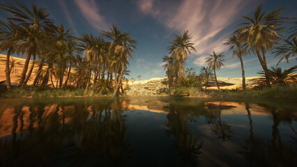 Obraz premium A tranquil oasis located in a desert, surrounded by lush palm trees. The setting sun creates a warm glow on the waters surface, enhancing the peaceful atmosphere.