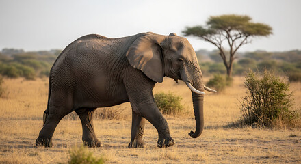 Fototapeta premium An elephant walks through dry grassland with trees in the background via RJ Whisk Auto