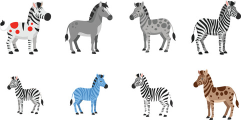 Obraz premium Zebra cartoon illustration set. Cute safari zebras with different colors and patterns. Wildlife animal characters collection, isolated vector design for kids and education.