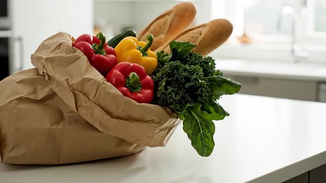 Fresh vegetables and bread spilling out of a brown paper bag on a white kitchen countertop.