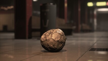 An aged soccer ball lies alone on a smooth tiled floor, surrounded by sparse, dim lighting in a quiet indoor area. The scene conveys a sense of nostalgia and stillness. © icetray