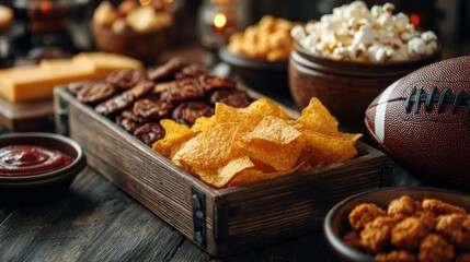 Fototapeta premium American football game day spread with snacks and drinks on a rustic wooden table
