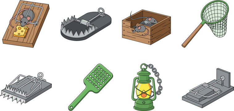Pest control trap vector set with mousetraps, rat cage, insect net, lantern and fly swatter illustration