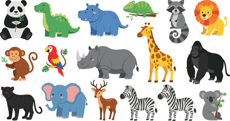 wild animals vector set. Safari and jungle animals collection with panda, lion, giraffe, elephant and zebra. Perfect for kids illustration, education and stickers. © HELEN QUEEN