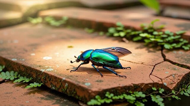 Close-up of a vibrant green beetle on weathered terracotta tiles.