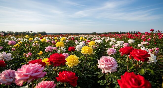 Vibrant rose field blooming in summer sunlight with colorful flowers and clear sky