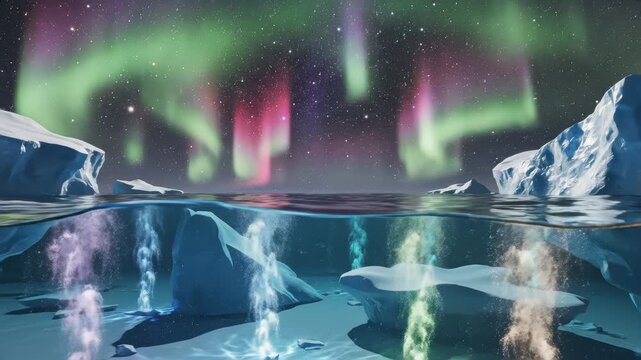 Aurora lights below sea north sky ocean. 3D Illustration