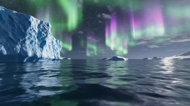 Aurora lights below sea north sky ocean. 3D Illustration