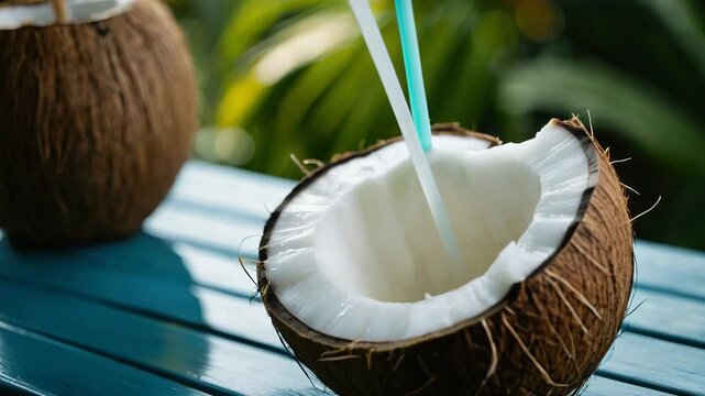 Video Two coconuts with drinking straws, perfect for a tropical party or snack