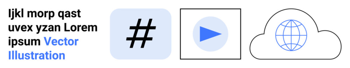 Obraz premium metadata tag, play button, and cloud with globe outline. Ideal for social media, digital marketing, online content, networking, streaming, cloud technology simple landing page