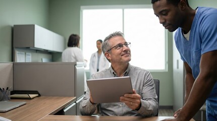 Obraz premium Tablet and doctor consulting in clinic office with medical team collaboration