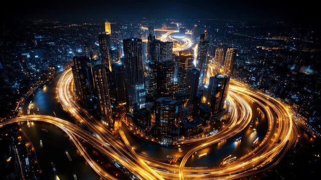 Aerial night megacity skyline with glowing highway light trails looping around riverfront skyscrapers