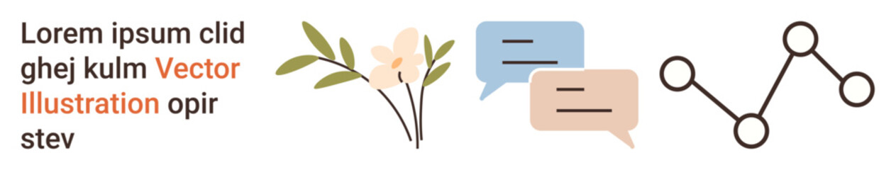Communication tools, data visualization, connection, nature-inspired design, messaging, text elements. Minimalistic scene with speech bubbles, flower branch and line graph. Communication tools