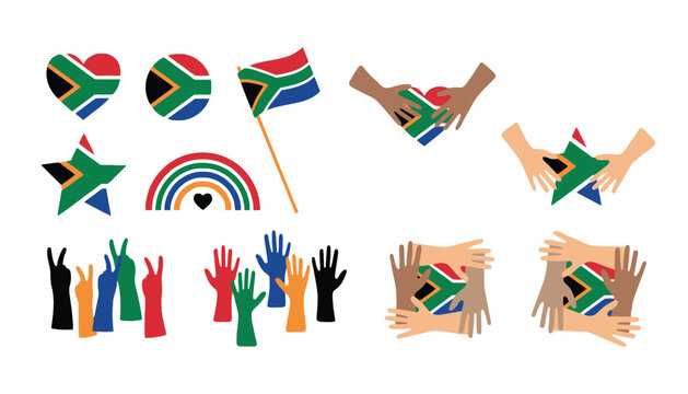 A vibrant illustration of South African flags and diverse hands in unity
