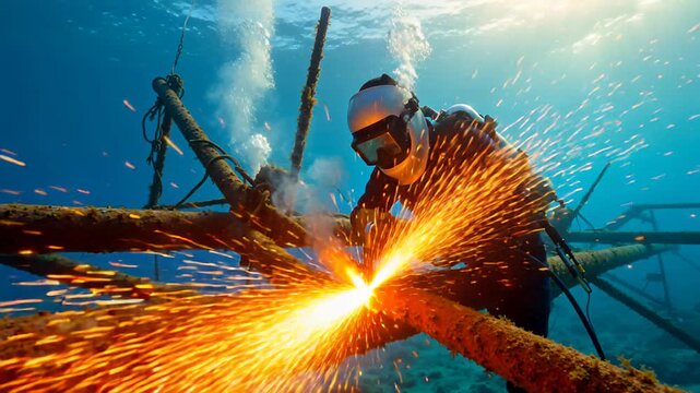 Diver welds underwater structure in ocean at sunset near coral reef