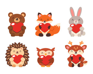 vector set of cute forest animals holding red hearts, bear, fox, rabbit, hedgehog, owl and deer, cartoon characters isolated on white, love concept