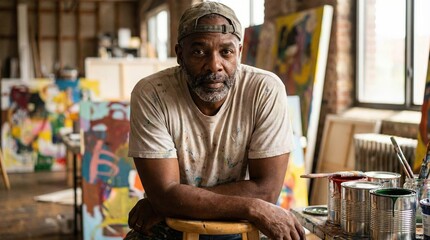 Obraz premium Painter sitting in studio surrounded by art supplies and colorful paintings