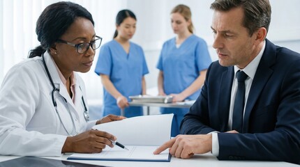 Obraz premium Doctor consulting patient with medical documents in professional office setting