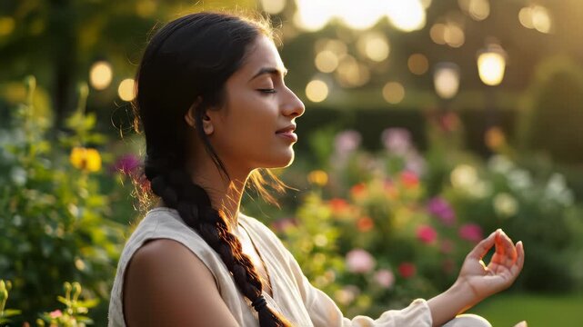 close up slow motion of serene woman meditating outdoors with closed eyes, symbol of mindfulness, emotional balance, feminine beauty and calm awareness