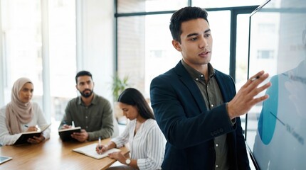 Fototapeta premium Man presenting data charts to coworkers in modern office meeting room