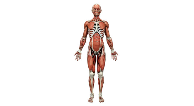 Anatomical illustration showcasing the full human muscular system with skeletal structure visible beneath