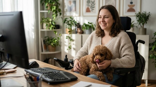 Woman wheelchair working at computer desk holding dog with happy expression